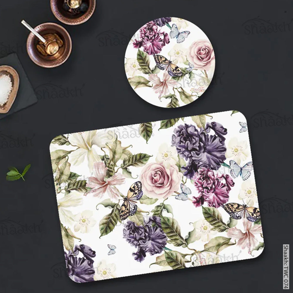 Iris and hibiscus flowers Coordinated Mats & Trivets Set | TWC 074 (8 Mats, 4 Trivets)