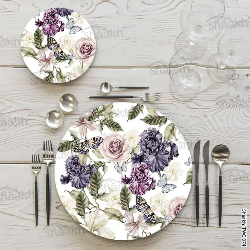 Iris and hibiscus flowers Coordinated Mats & Trivets Set | TWC 074 (8 Mats, 4 Trivets)