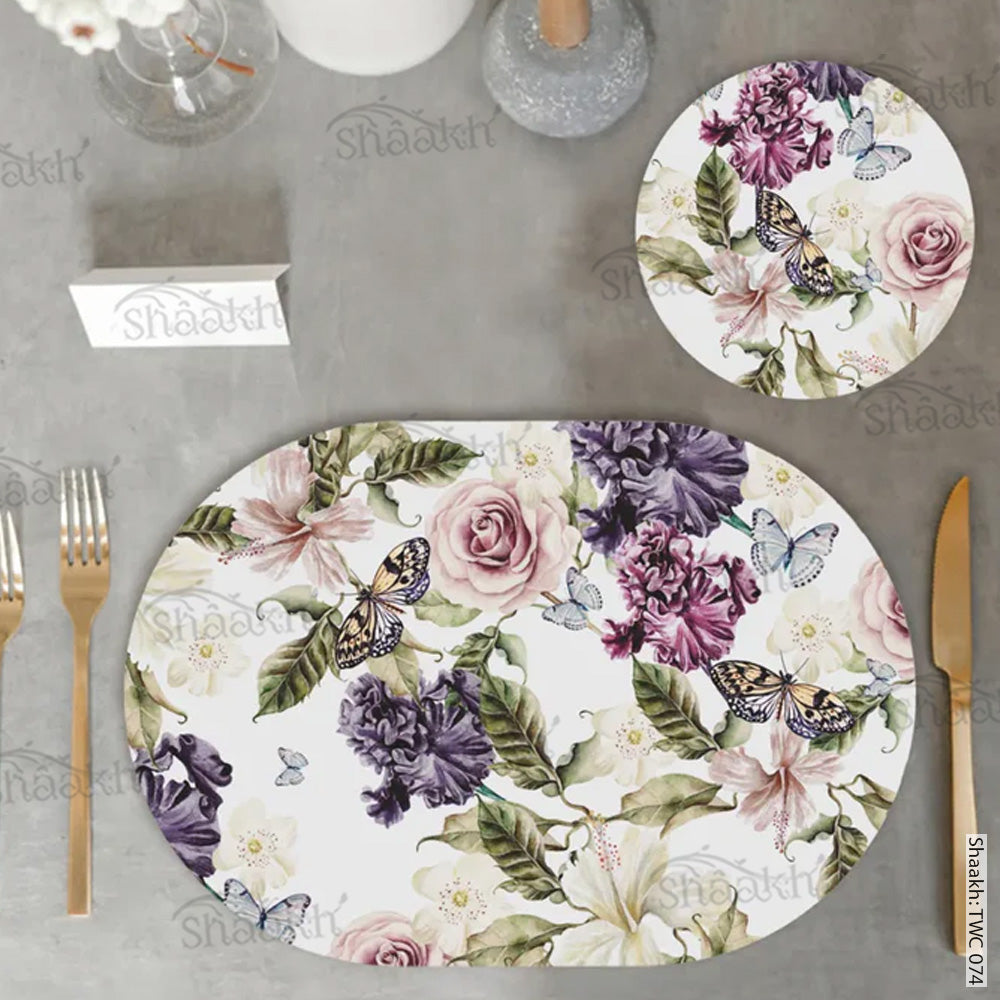 Iris and hibiscus flowers Coordinated Mats & Trivets Set | TWC 074 (8 Mats, 4 Trivets)