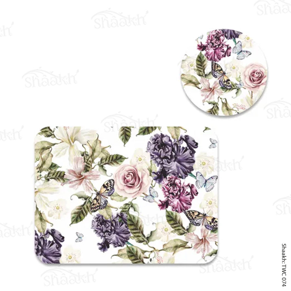 Iris and hibiscus flowers Coordinated Mats & Trivets Set | TWC 074 (8 Mats, 4 Trivets)