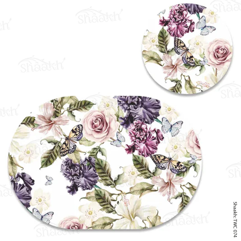 Iris and hibiscus flowers Coordinated Mats & Trivets Set | TWC 074 (8 Mats, 4 Trivets)