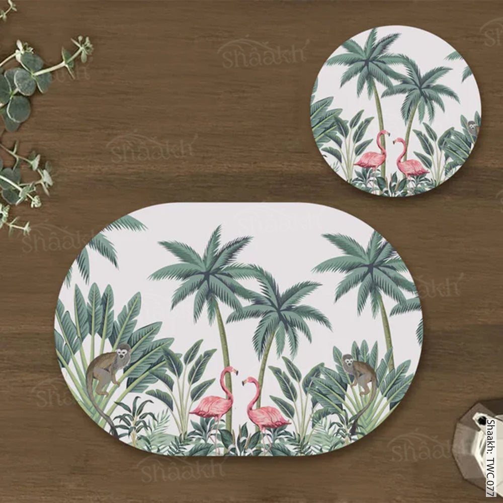 Vintage Palm tree and Flamingo Coordinated Mats & Trivets Set | TWC 077 ( 8 Mats, 4 Trivets )