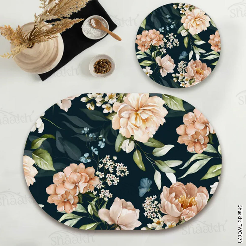 “Midnight Blossoms” Coordinated Mats & Trivets Set | TWC 078 (8 Mats,4 Trivets)