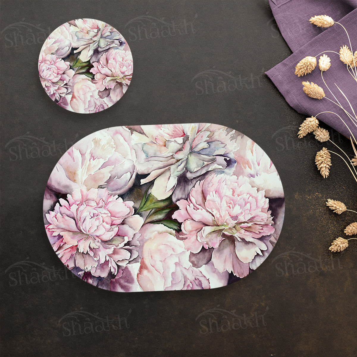 Watercolor Peonies Coordinated Set | TWC 091 (8 Mats, 4 Trivets)