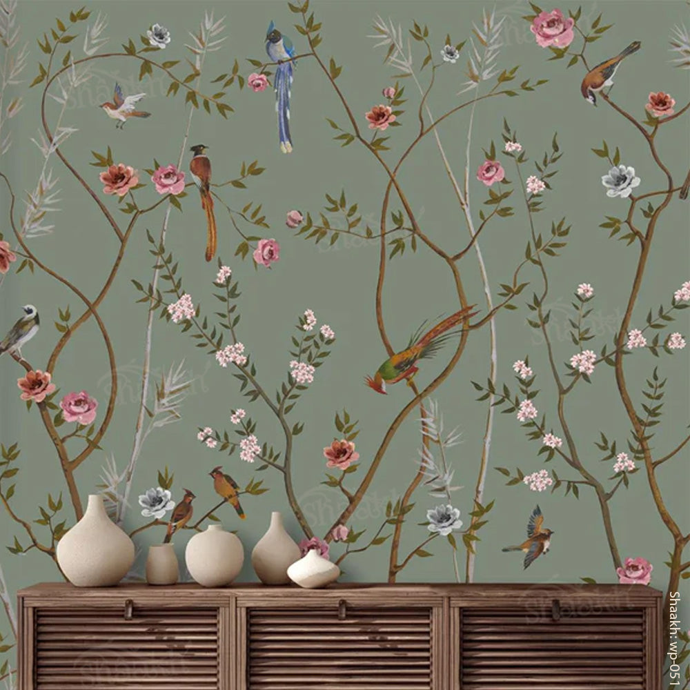Birds of paradise Wallpaper (Sage Green) | WP 051