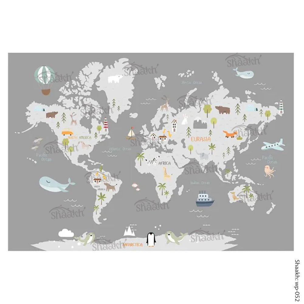 Kids World Map Wallpaper (Grey Background) | WP 052