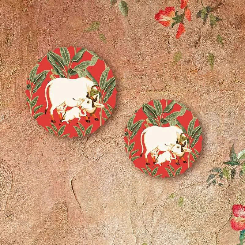 Kamadhenu and palm tree Wall Plates – Red | RWA 021