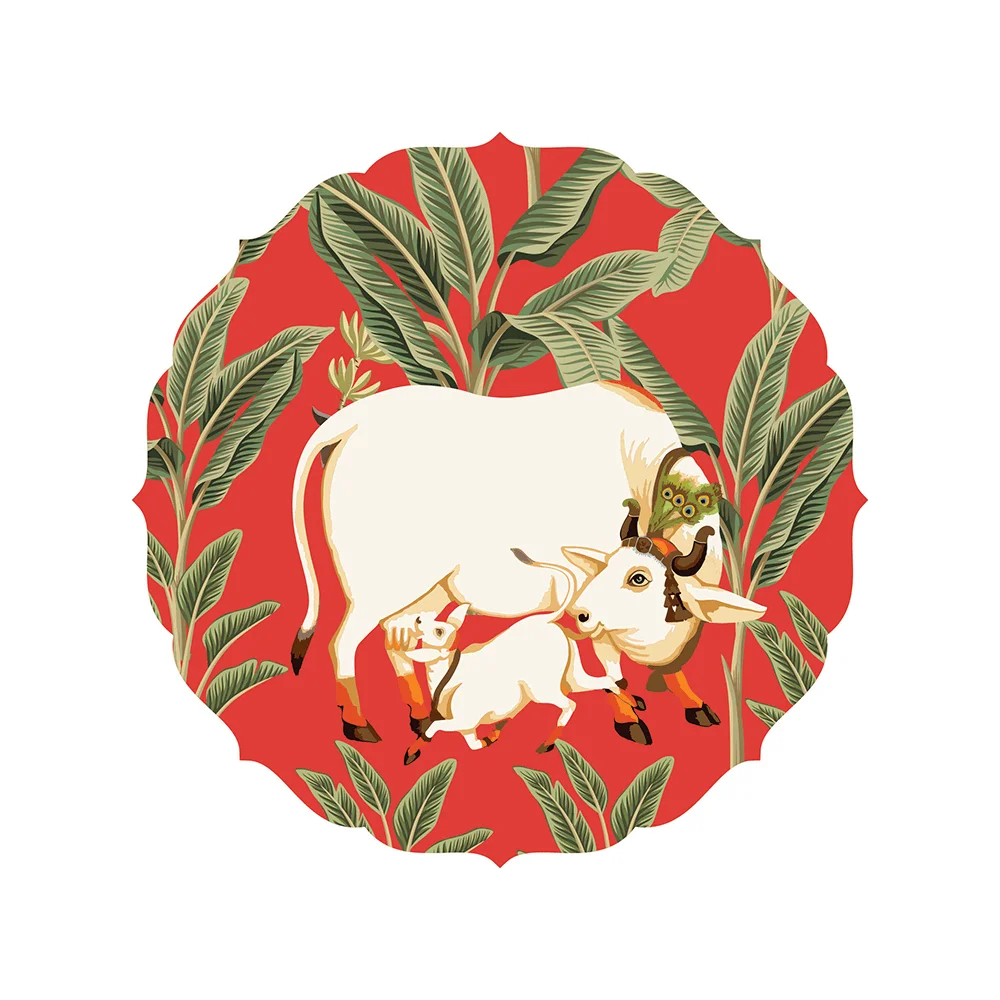 Kamadhenu and palm tree Wall Plates – Red | RWA 021