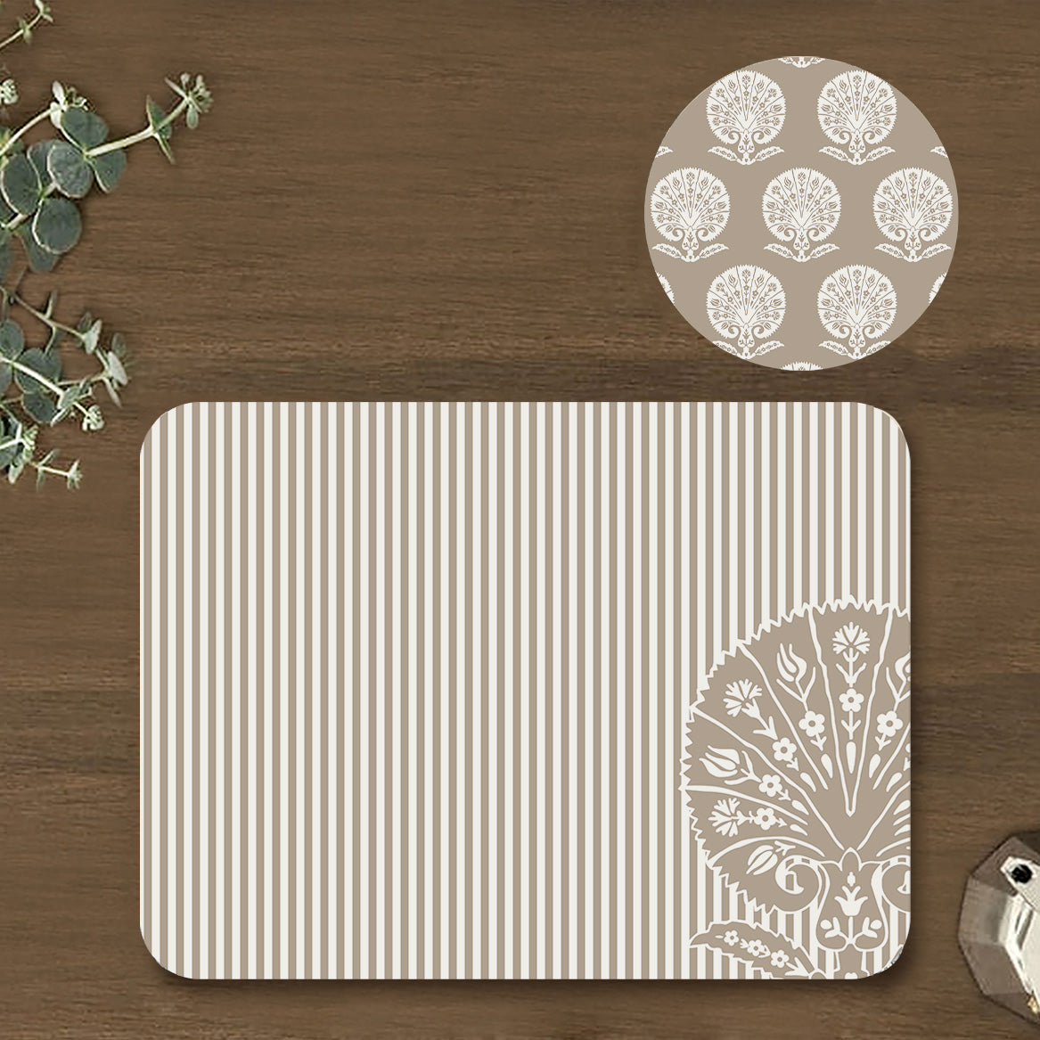 Ottoman Flower on striped background Coordinated Mats & Trivets Set | TWC 044 ( 8 Mats, 4 Trivets )