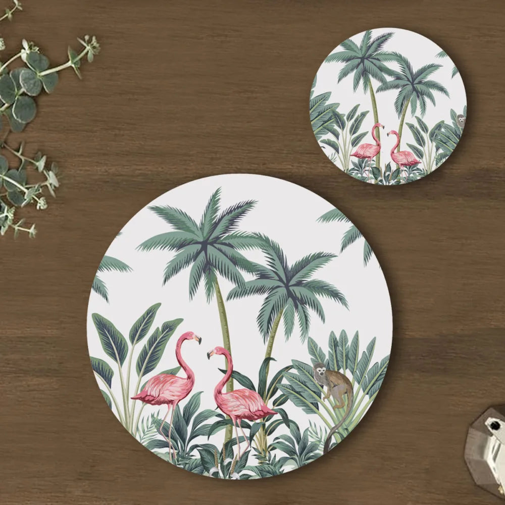 Vintage Palm tree and Flamingo Coordinated Mats & Trivets Set | TWC 077 ( 8 Mats, 4 Trivets )