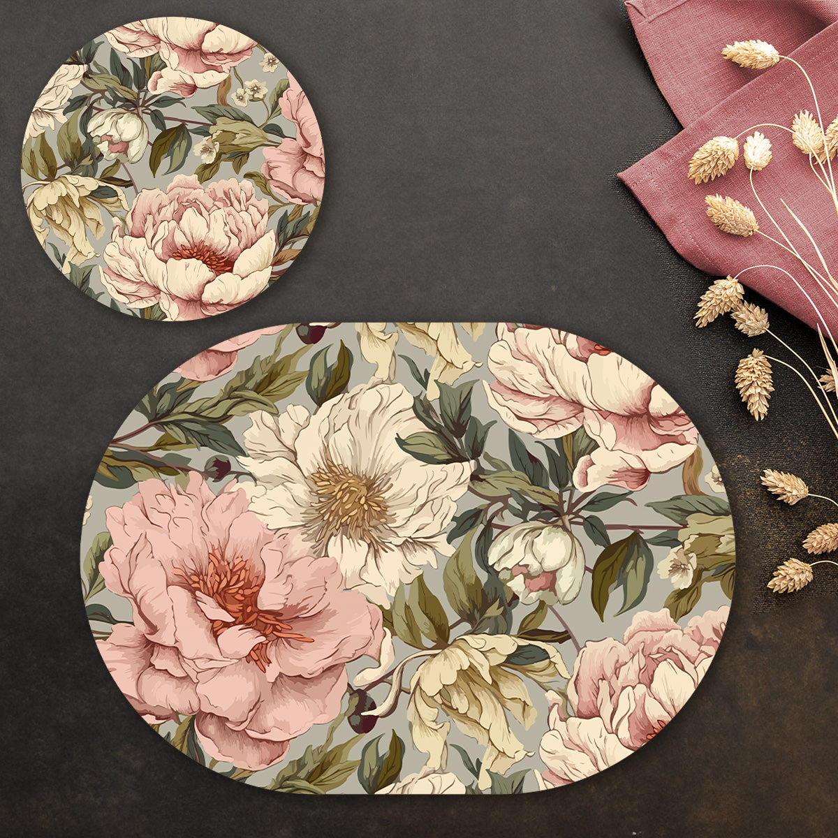 Peonies Elegance Coordinated Set | TWC 094 (8 Mats, 4 Trivets)