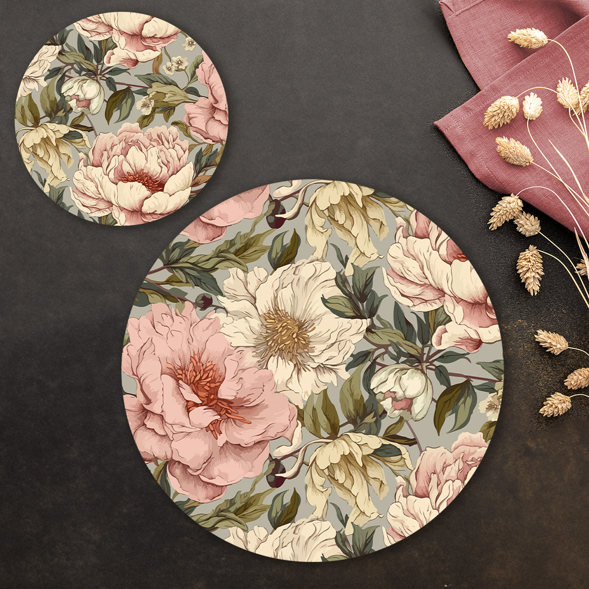 Peonies Elegance Coordinated Set | TWC 094 (8 Mats, 4 Trivets)