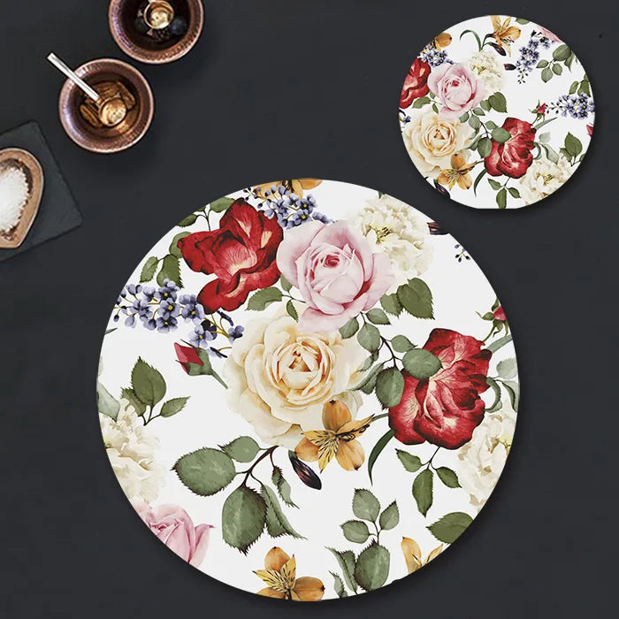 Pink and red roses Coordinated Mats & Trivets Set | TWC 010 ( 8 Mats, 4 Trivets )