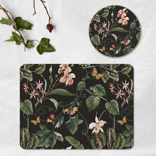 Exotic tropical orchids and green leaves (Black) Coordinated Mats & Trivets Set | TWC 025 ( 8 Mats, 4 Trivets )