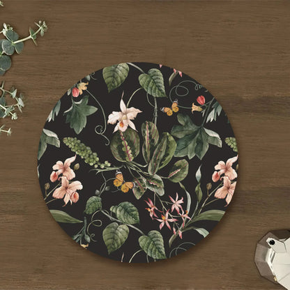 Exotic tropical orchids and green leaves Table Mat-Black | TM 031 (set of 2)