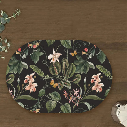 Exotic tropical orchids and green leaves Table Mat-Black | TM 031 (set of 2)