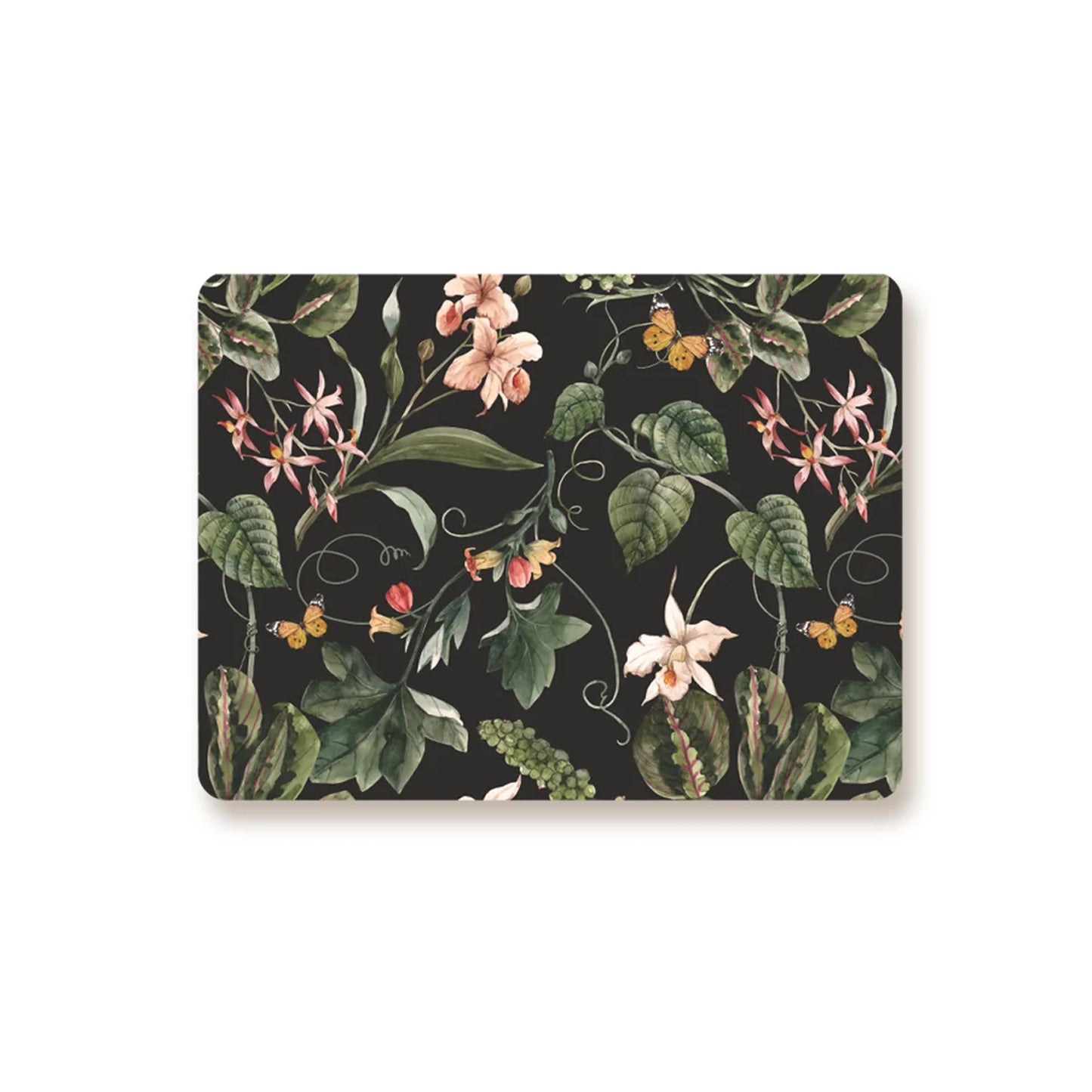 Exotic tropical orchids and green leaves Table Mat-Black | TM 031 (set of 2)