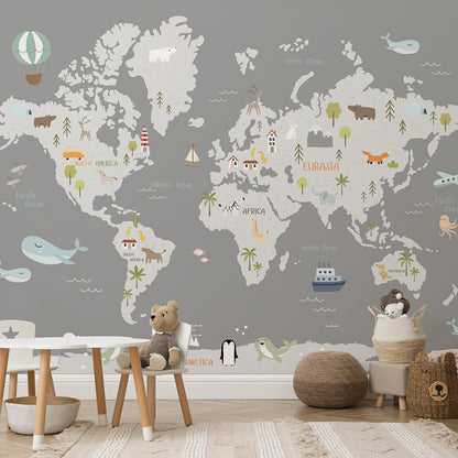 Kids World Map Wallpaper (Grey Background) | WP 052