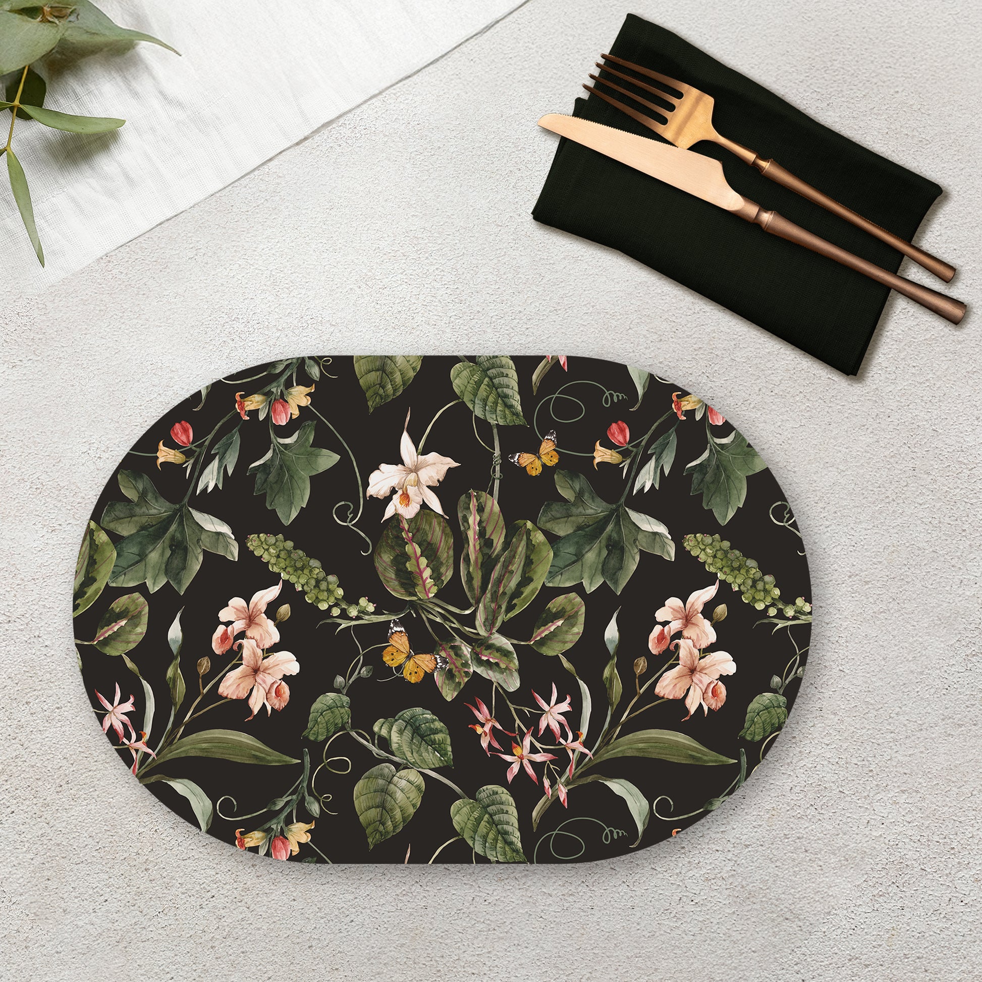 Exotic Tropical Orchids (Black) Table Mats — botanical design table mat set by Shaakh, handcrafted in India