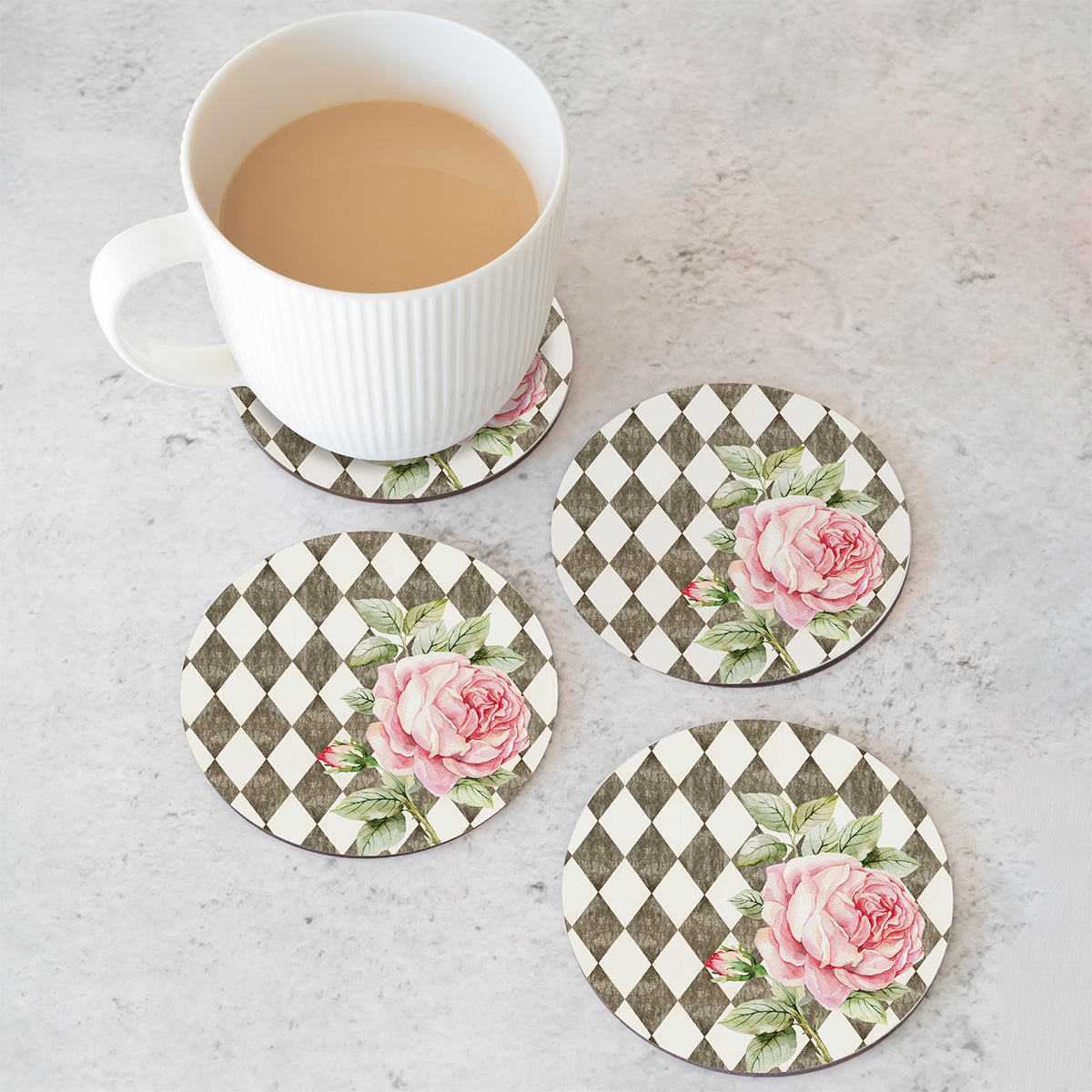 Pink Coaster Set Coaster Set - Pink Roses - MDF Wooden Coasters for Dining Table - Set ...
