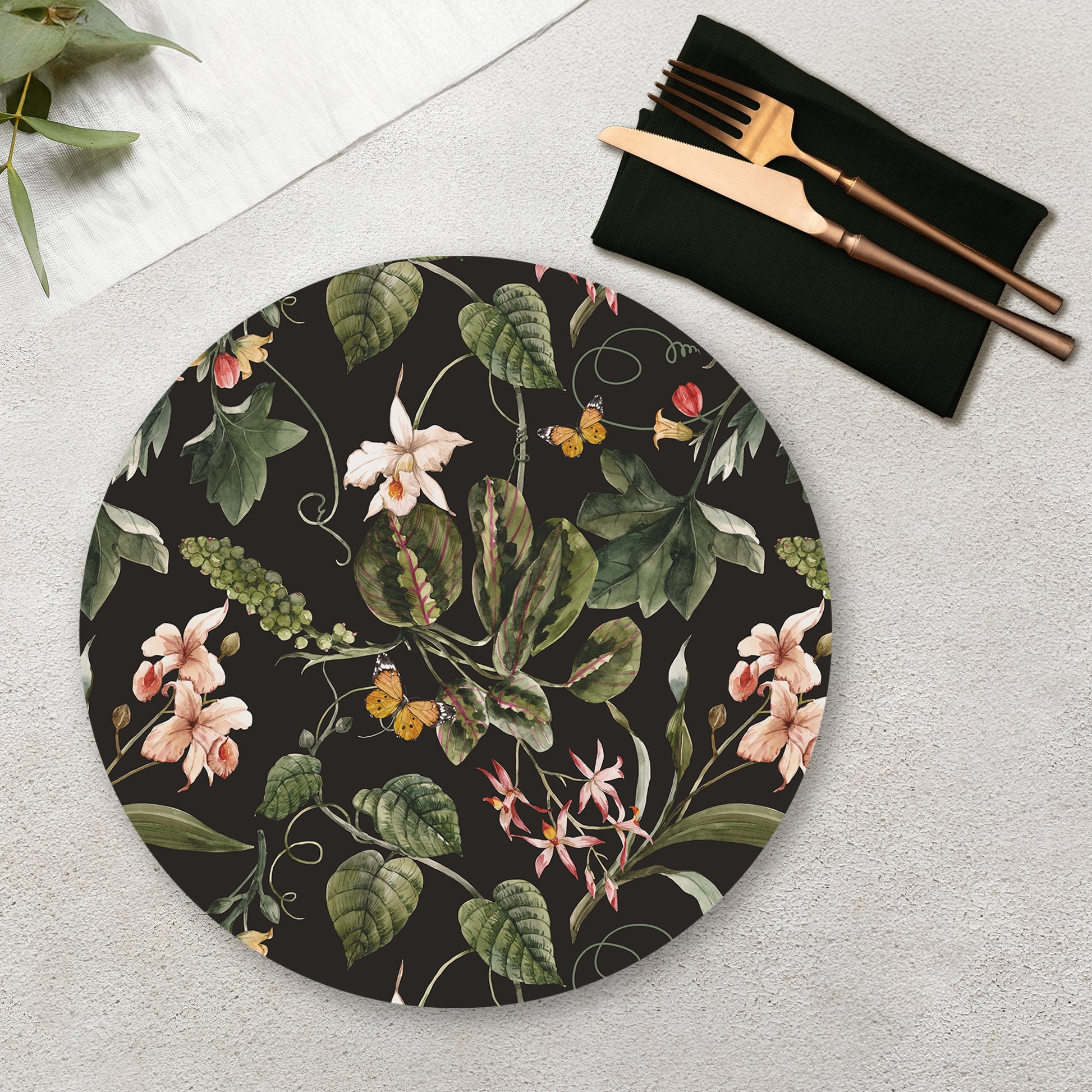 Exotic Tropical Orchids (Black) Table Mats — botanical design table mat set by Shaakh, handcrafted in India