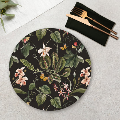Exotic Tropical Orchids (Black) Table Mats — botanical design table mat set by Shaakh, handcrafted in India