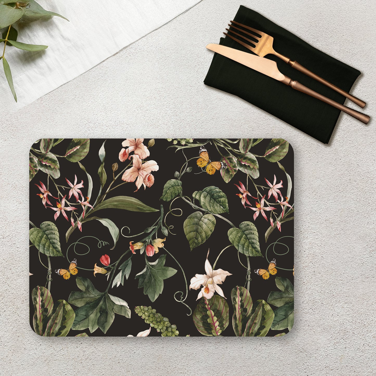 Exotic Tropical Orchids (Black) Table Mats — botanical design table mat set by Shaakh, handcrafted in India