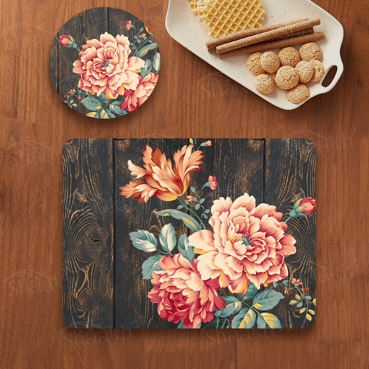 Baroque Art on Wooden Coordinated Set | TWC 095 (8 Mats, 4 Trivets)