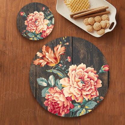 Baroque Art on Wooden Coordinated Set | TWC 095 (8 Mats, 4 Trivets)