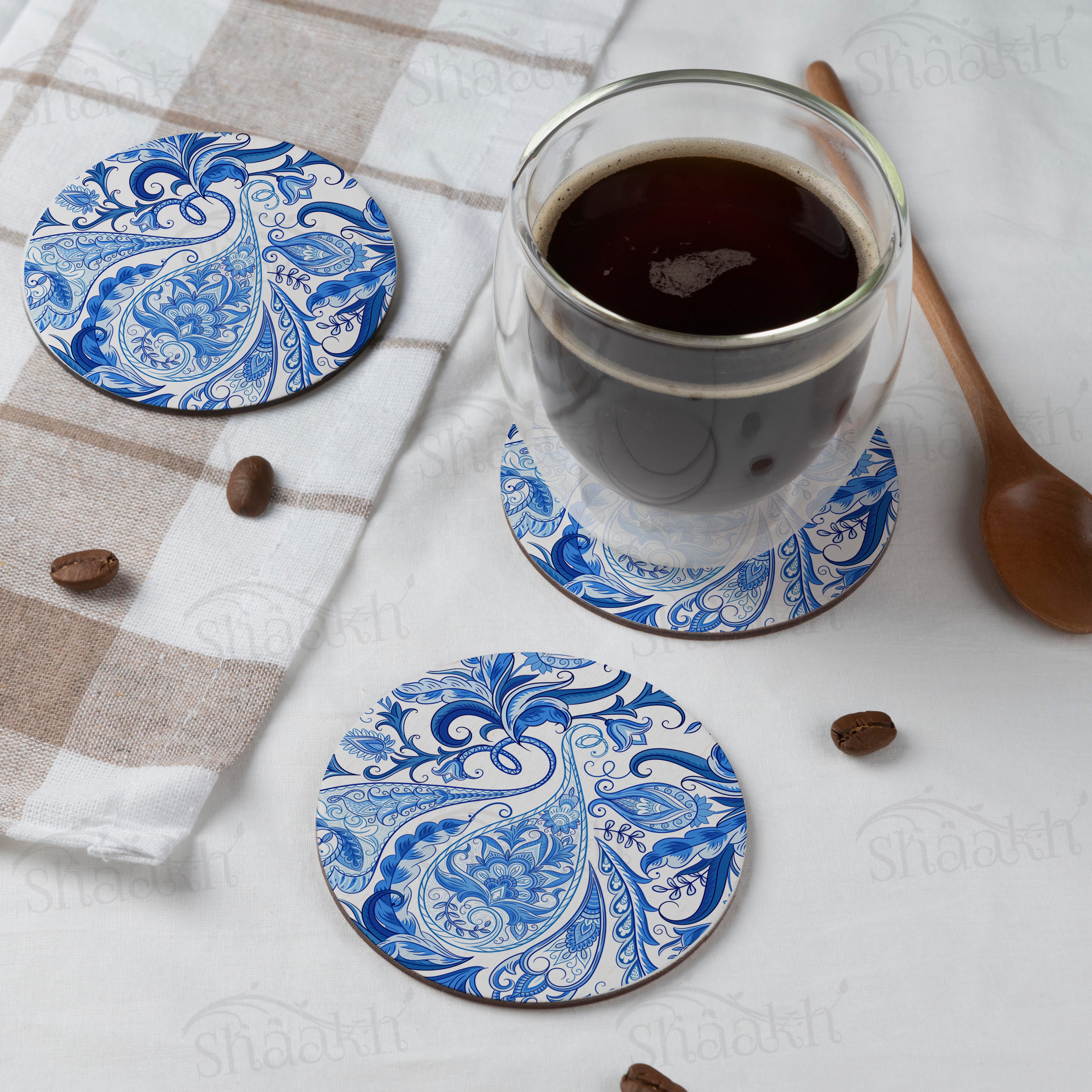 Coaster Set - Blue Paisley - MDF Wooden Coasters for Dining Table - Set ...
