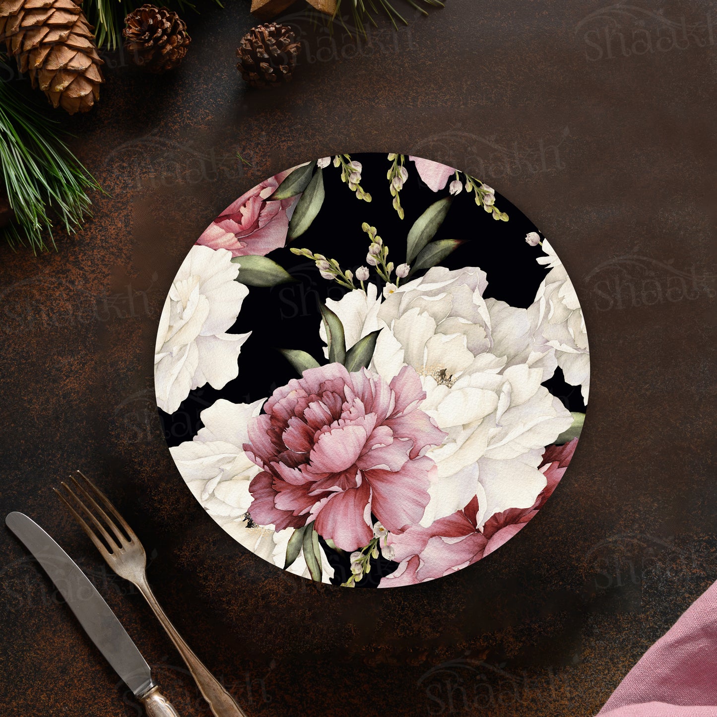 Watercolor Peonies on Dark Background Trivets | CST 007 (Set of 2)