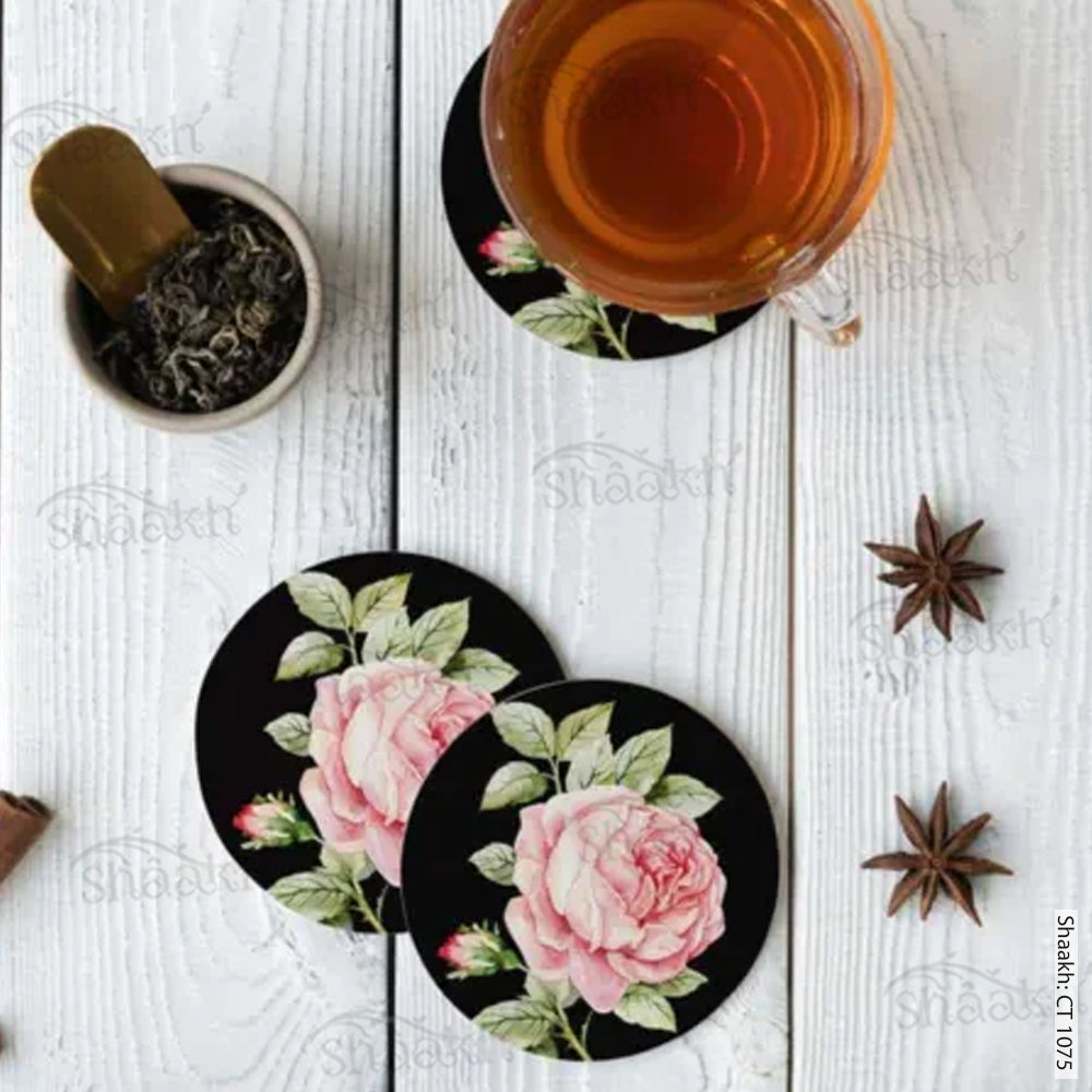 Coaster Set - Pink Roses on Dark Background - MDF Wooden Coasters for ...