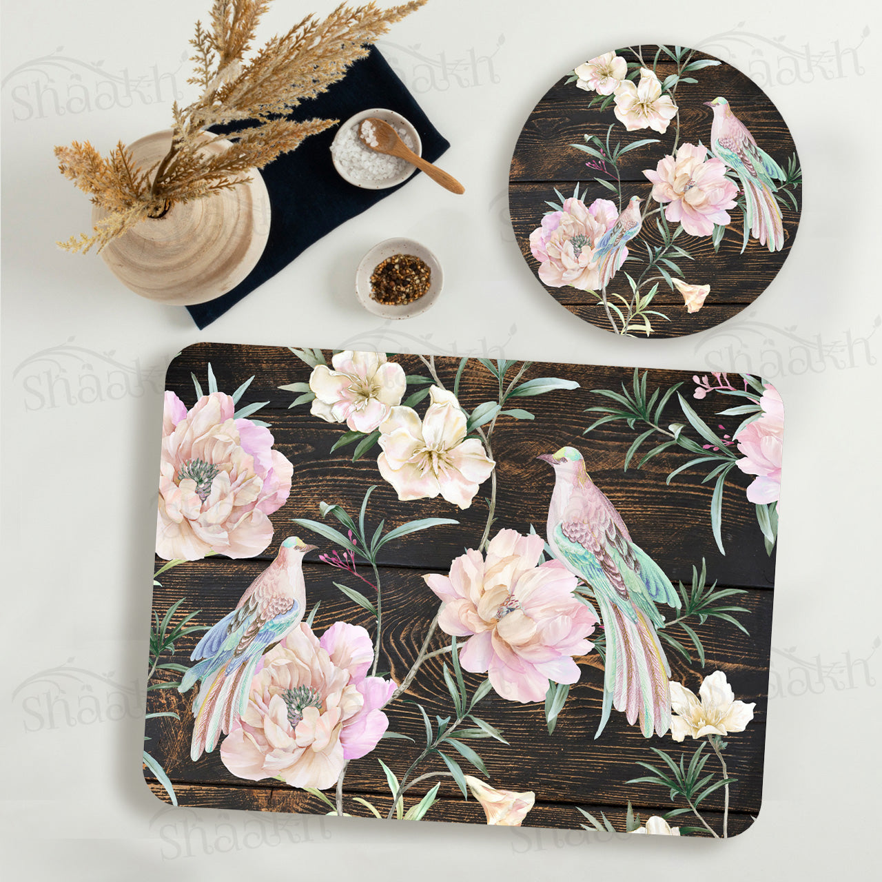 Exotic Birds & Flowers Coordinated Set | TWC 104 (8 Mats, 4 Trivets)