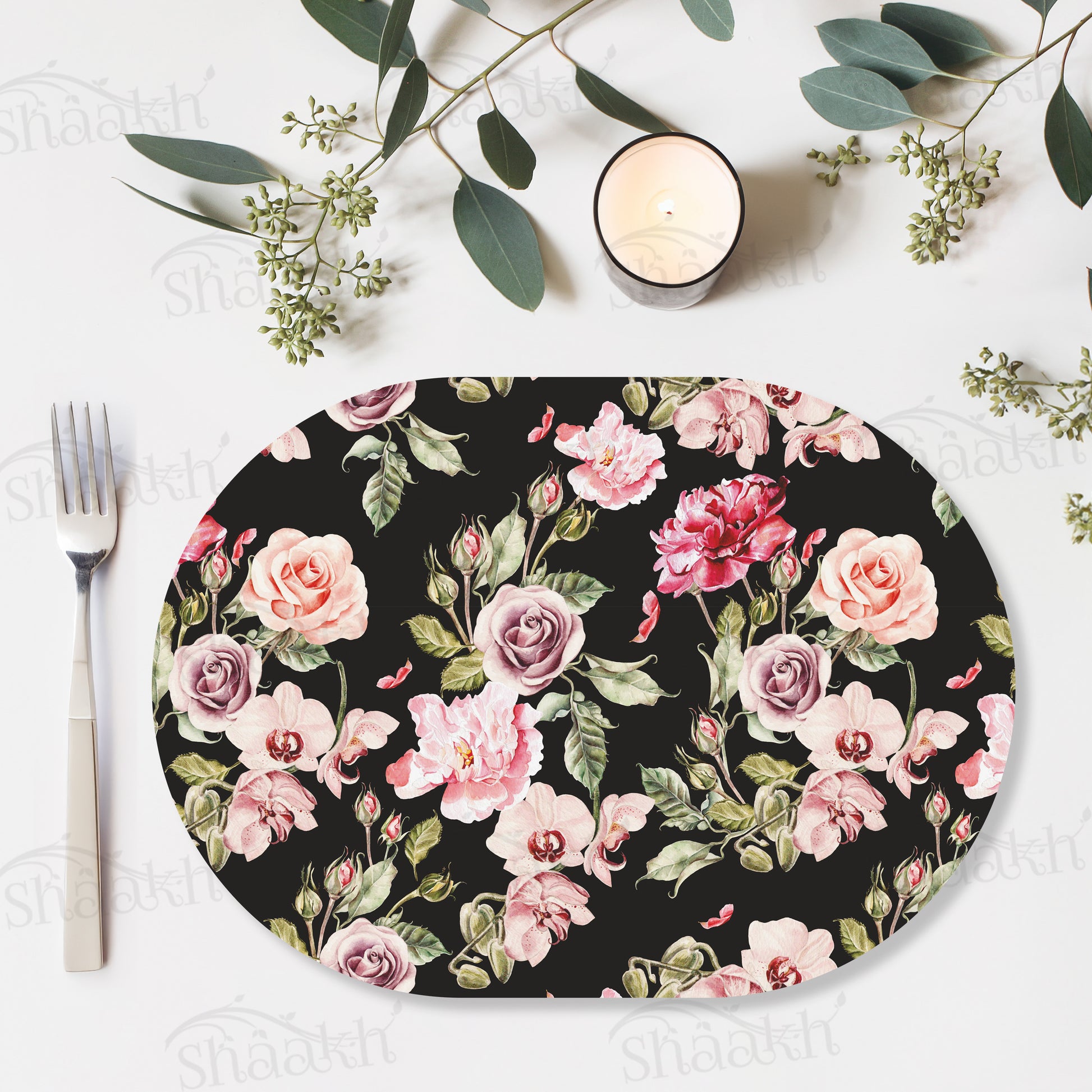 Orchid, Roses and Peony flowers Table Mat — table mat set by Shaakh, handcrafted in India