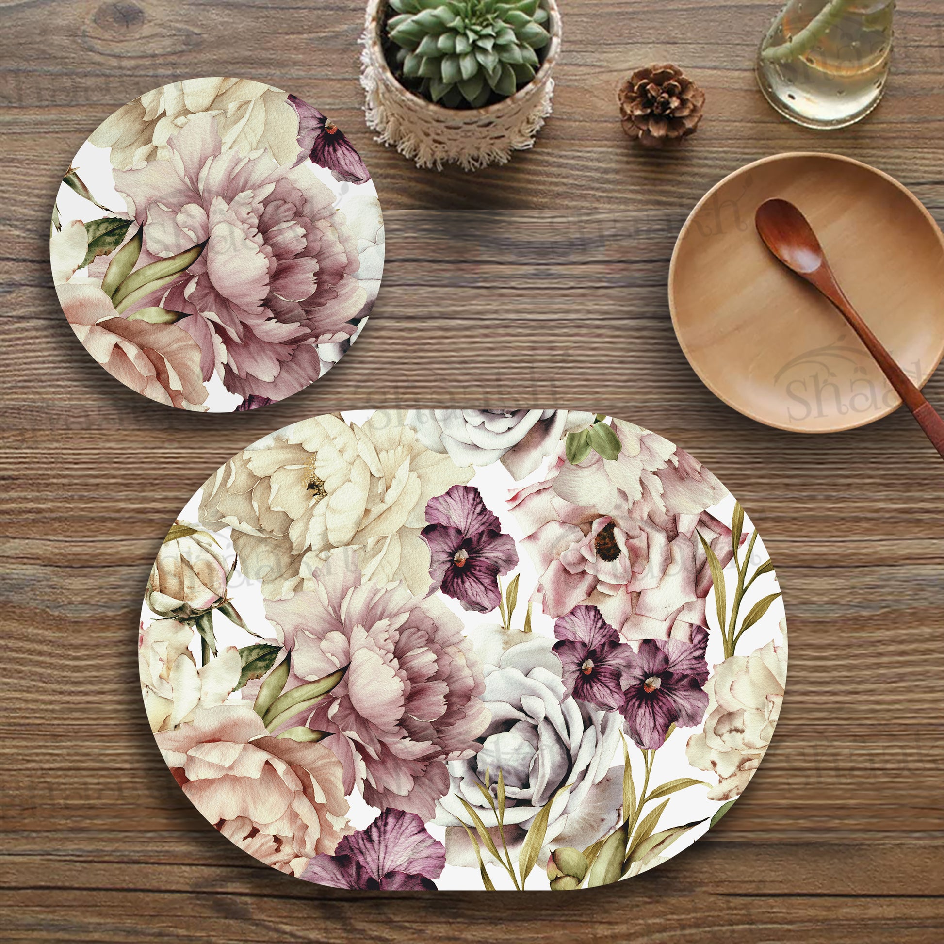 Peach and Wine Floral Coordinated Set — botanical design coordinated dining set by Shaakh, handcrafted in India