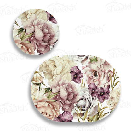 Peach and Wine Floral Coordinated Set — botanical design coordinated dining set by Shaakh, handcrafted in India