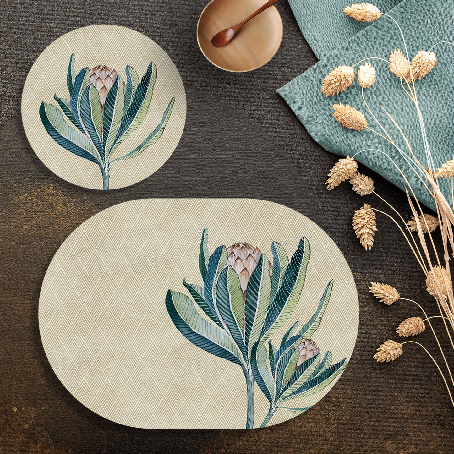 Proteas Flower Coordinated Set — botanical design coordinated dining set by Shaakh, handcrafted in India