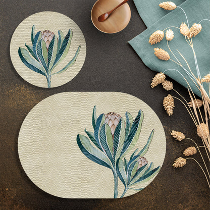 Proteas Flower Coordinated Set — botanical design coordinated dining set by Shaakh, handcrafted in India