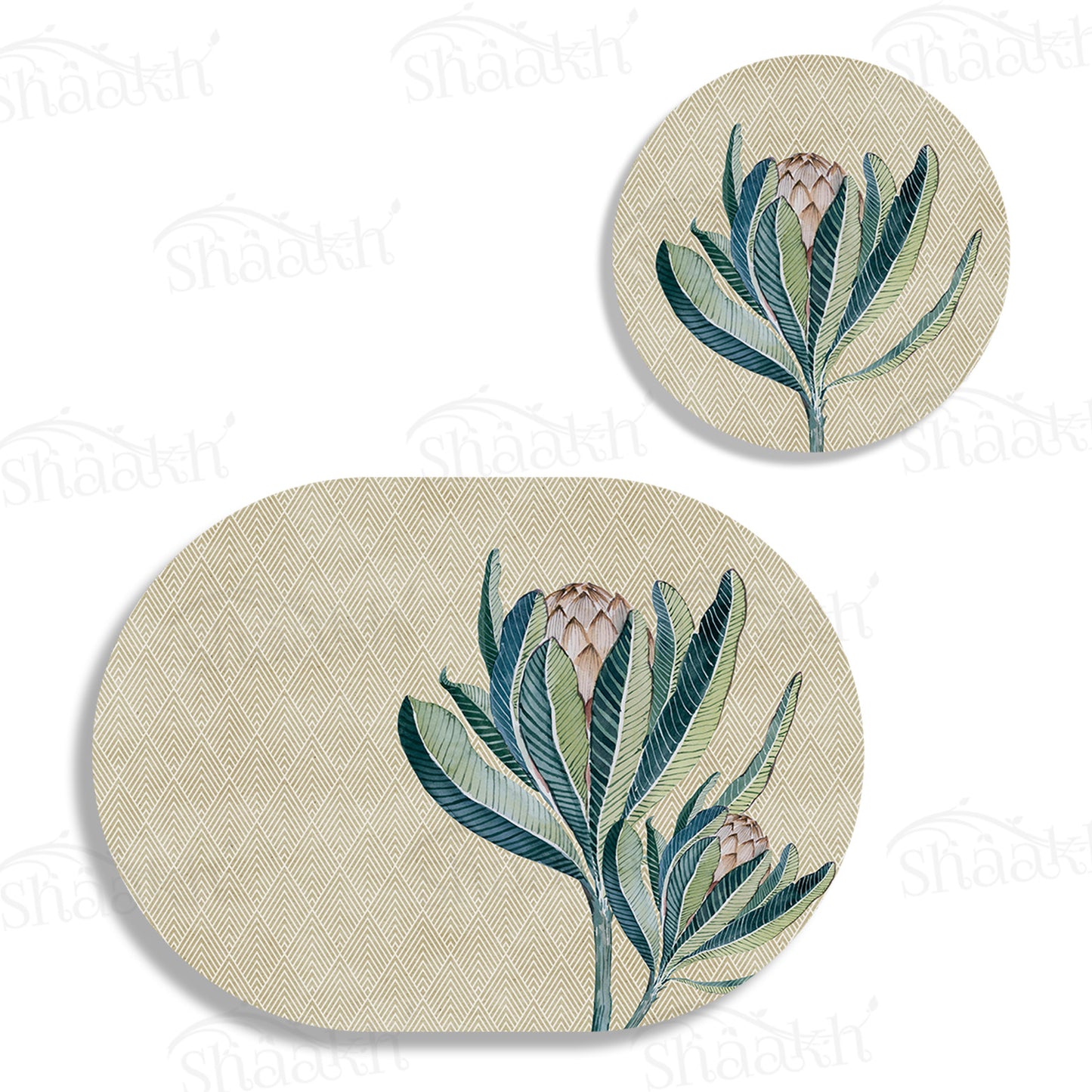 Proteas Flower Coordinated Set — botanical design coordinated dining set by Shaakh, handcrafted in India