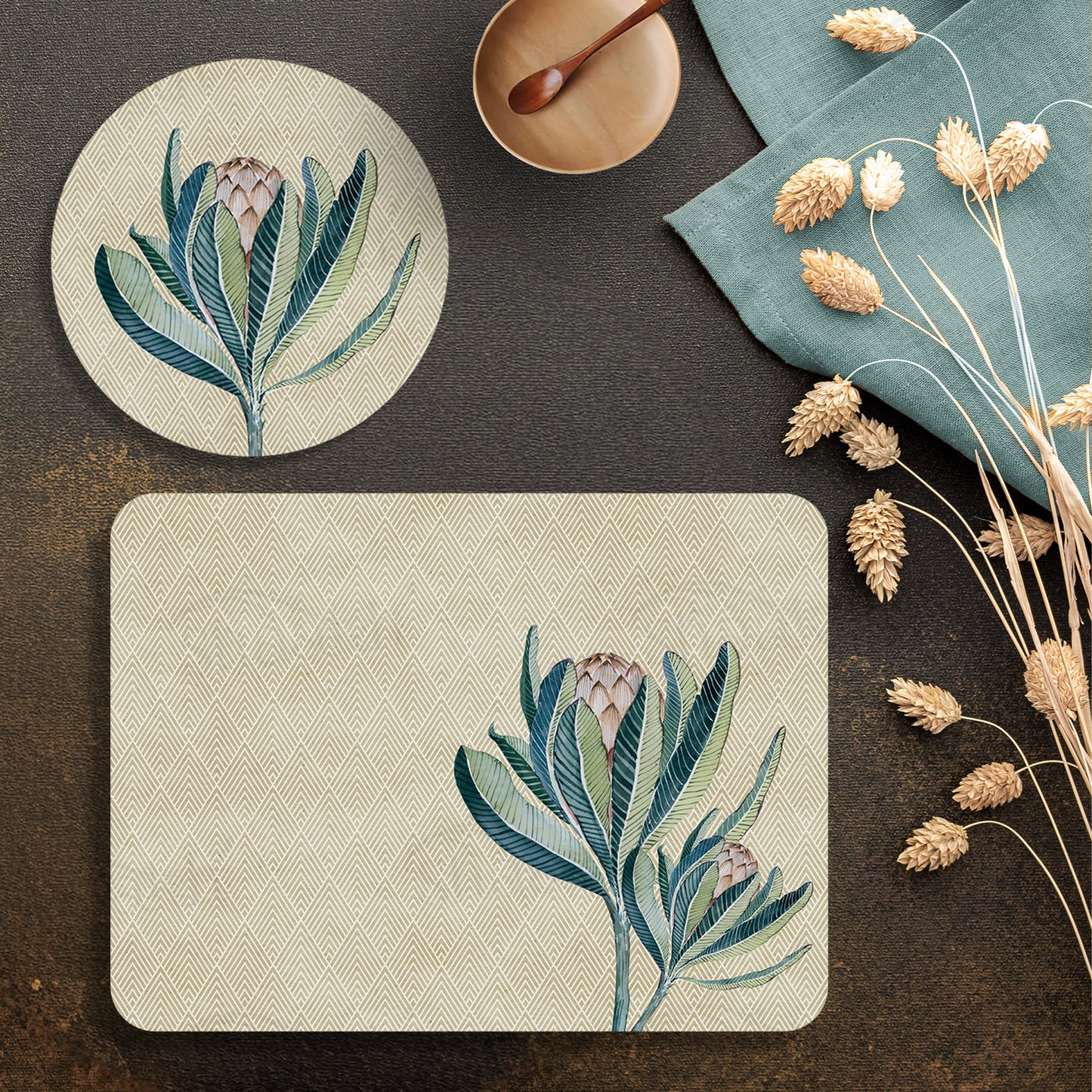 Proteas Flower Coordinated Set — botanical design coordinated dining set by Shaakh, handcrafted in India