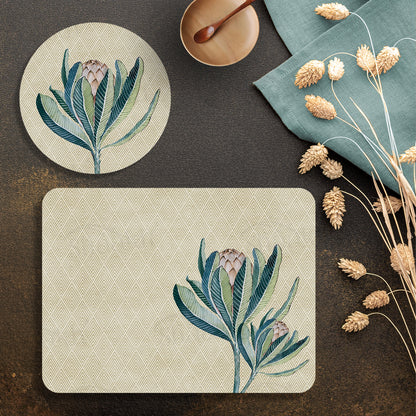 Proteas Flower Coordinated Set — botanical design coordinated dining set by Shaakh, handcrafted in India