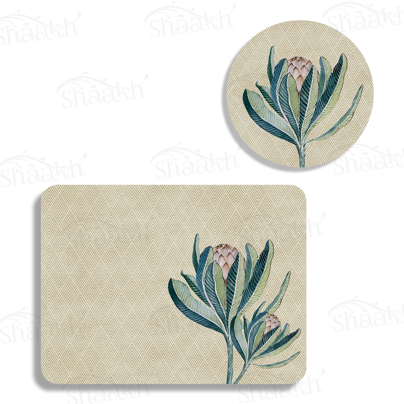 Proteas Flower Coordinated Set — botanical design coordinated dining set by Shaakh, handcrafted in India