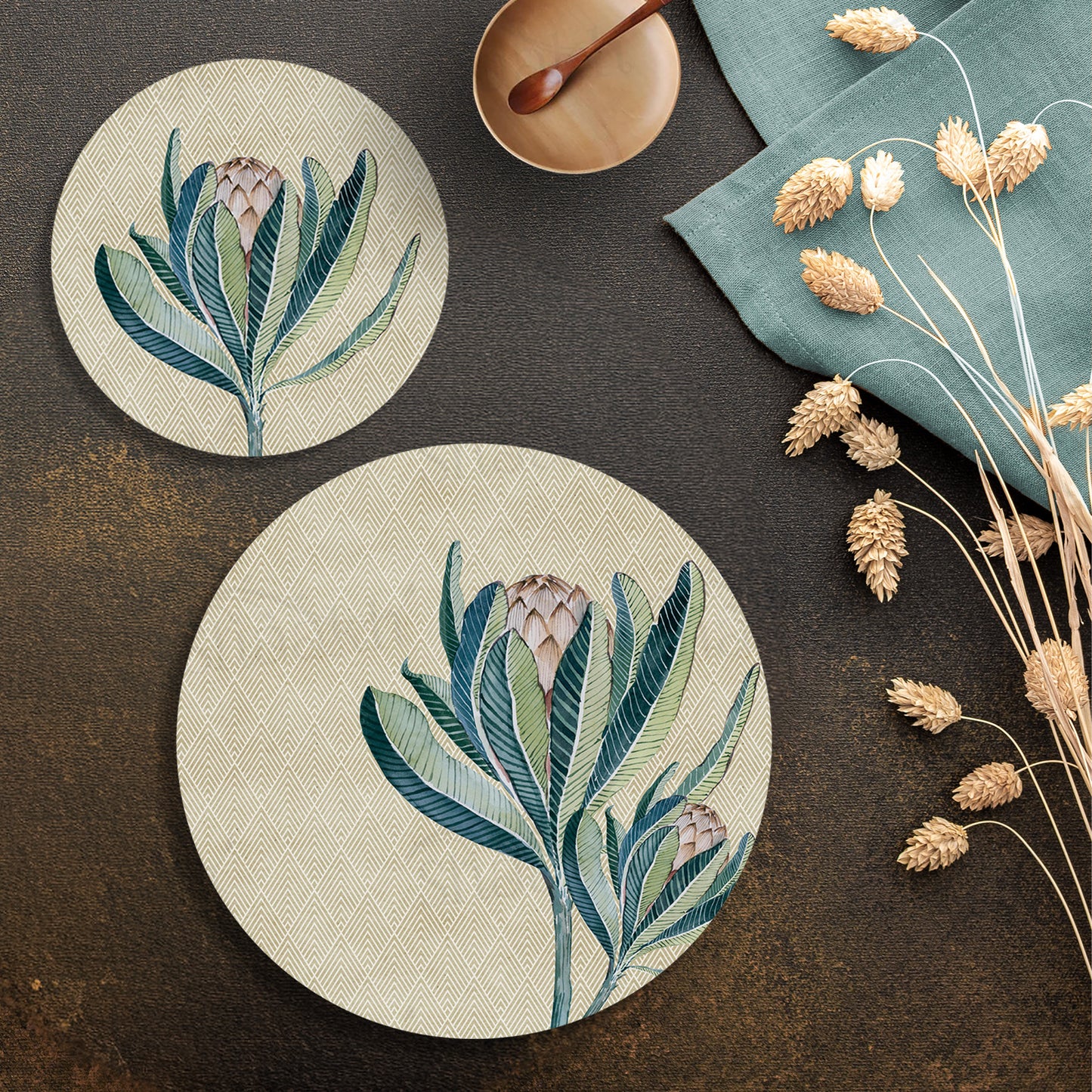 Proteas Flower Coordinated Set — botanical design coordinated dining set by Shaakh, handcrafted in India