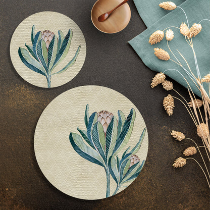 Proteas Flower Coordinated Set — botanical design coordinated dining set by Shaakh, handcrafted in India