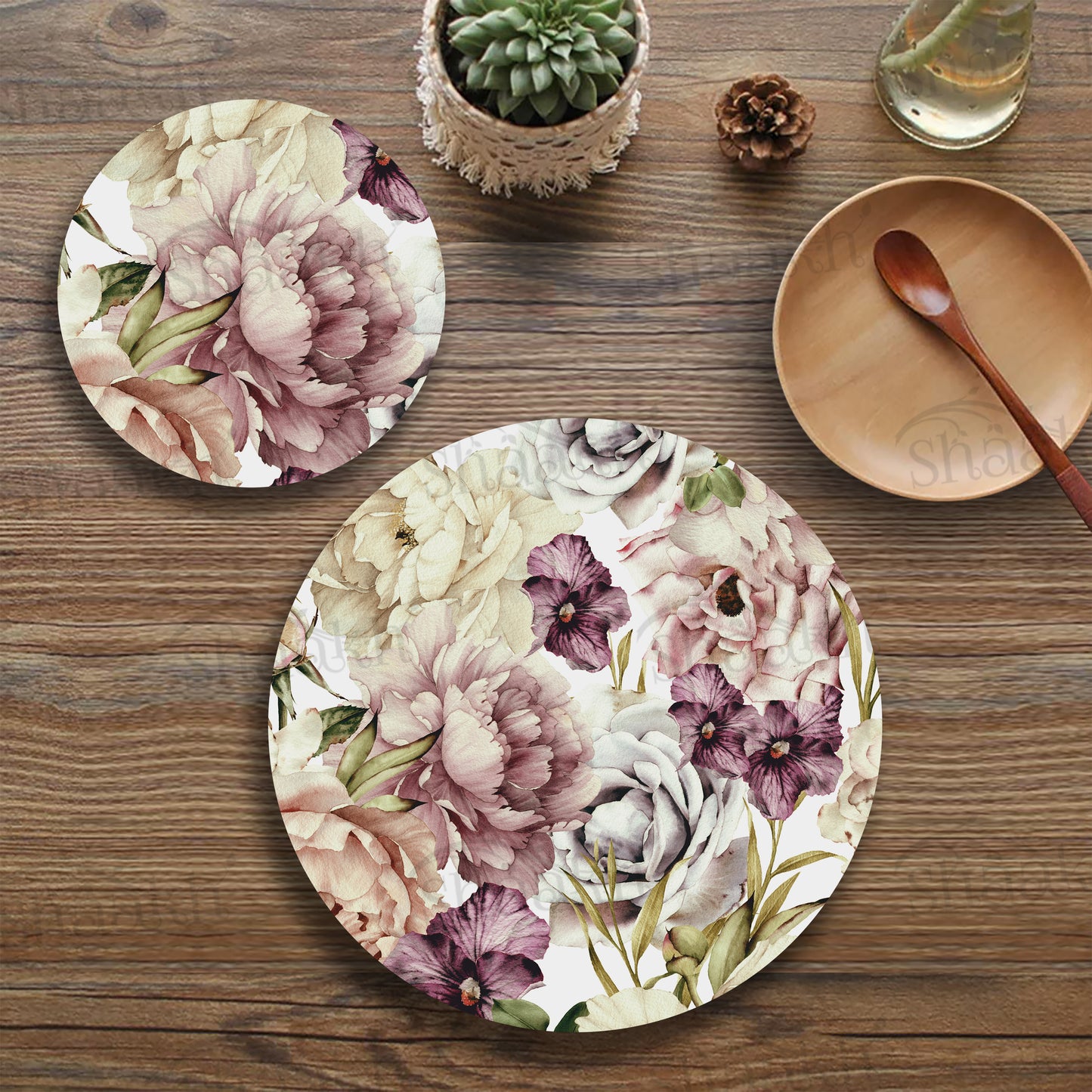 Peach and Wine Floral Coordinated Set — botanical design coordinated dining set by Shaakh, handcrafted in India