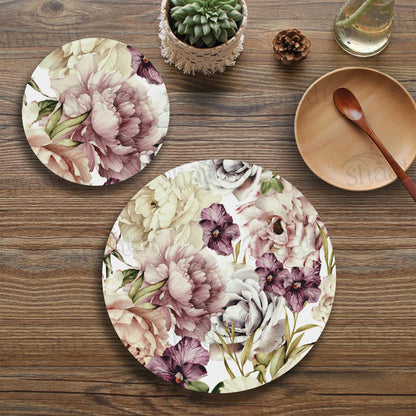 Peach and Wine Floral Coordinated Set — botanical design coordinated dining set by Shaakh, handcrafted in India
