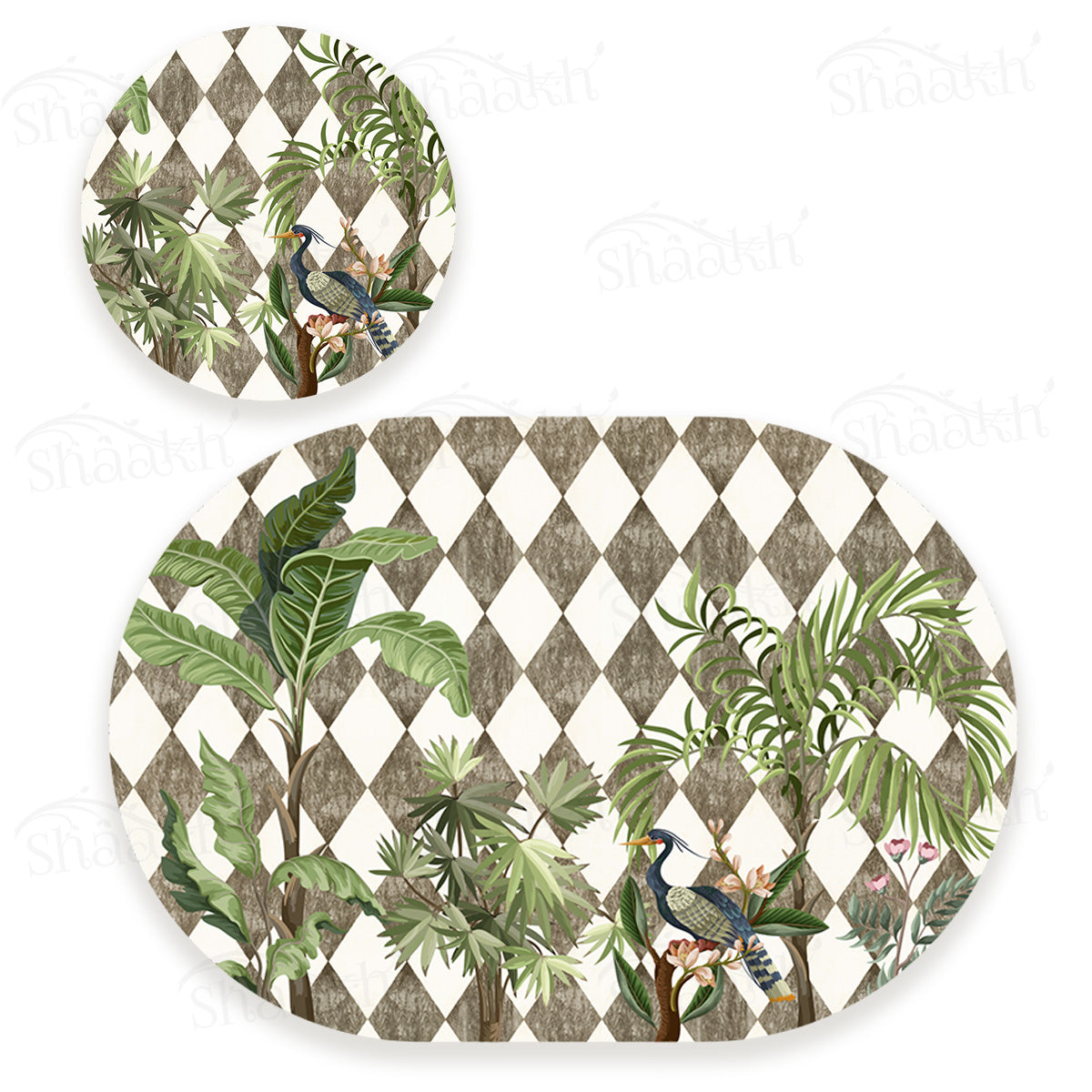 Tropic Jungle on Geometric Pattern Coordinated Set | TWC 102 (8 Mats, 4 Trivets)