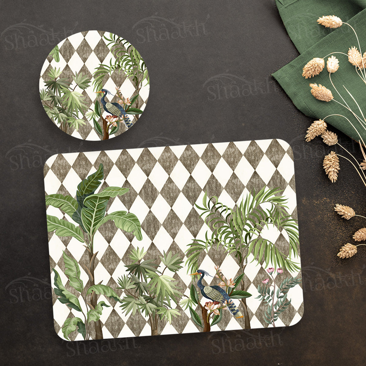 Tropic Jungle on Geometric Pattern Coordinated Set | TWC 102 (8 Mats, 4 Trivets)