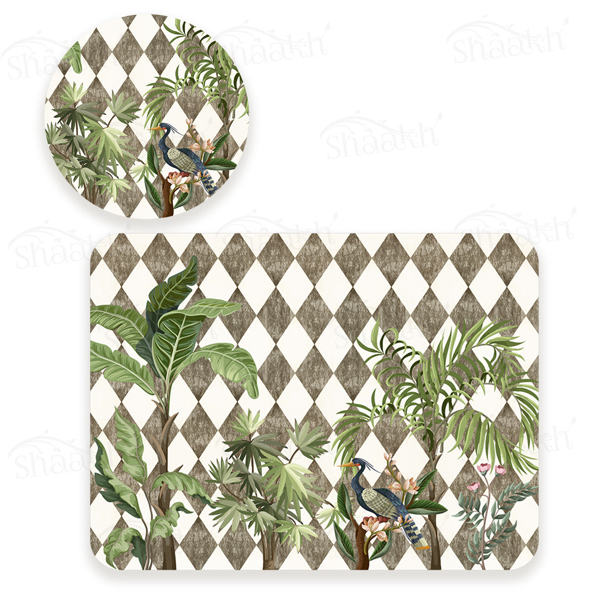 Tropic Jungle on Geometric Pattern Coordinated Set | TWC 102 (8 Mats, 4 Trivets)