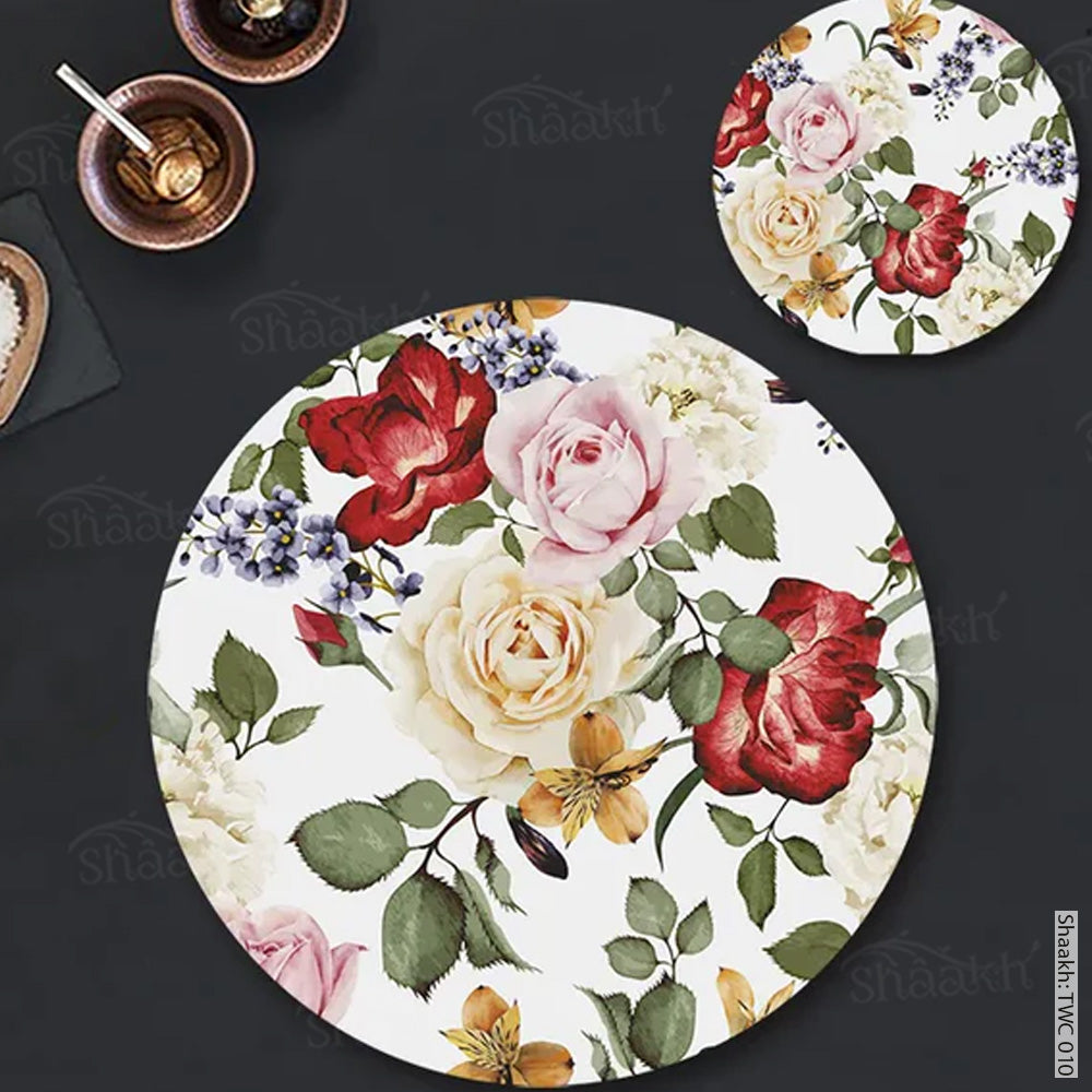 Pink and red roses Coordinated Mats & Trivets Set | TWC 010 (8 Mats, 4 Trivets)